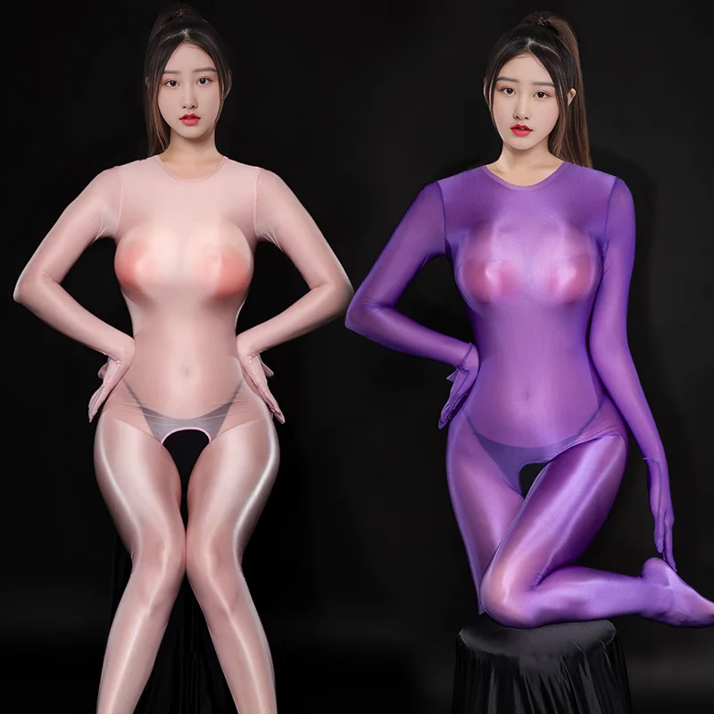 Sexy Oil Shiny Bodysuit Women Open Crotch Tights Catsuit Jumpsuit Glossy Leotards Erotic Lingerie SM Sex Porn Role Play Costumes