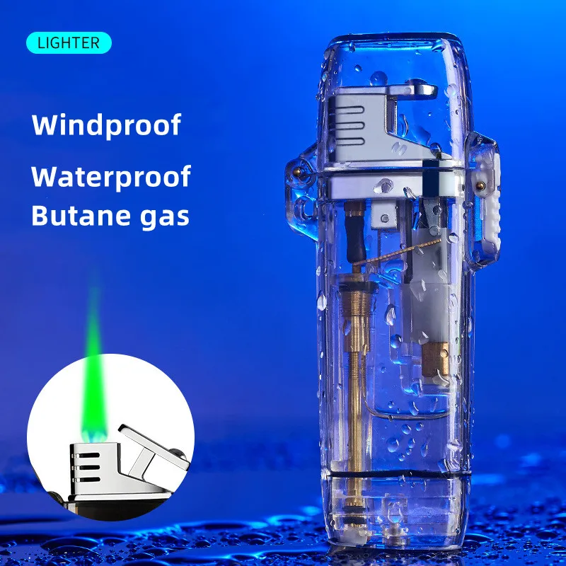 

Креативная прозрачная градиентная газовая зажигалка с прямым распылением зеленого пламени и бутана, уличные ветрозащитные и водонепроницаемые аксессуары для курения