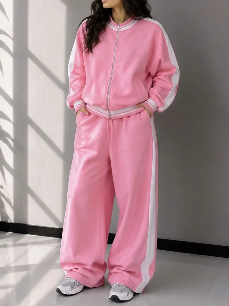 Doyerl Striped Loose Jogging Set Woman 2 Piece Set Outfit Sport Workout Long Sleeve Zipper Jacket Coat and Sweatpants Track Suit
