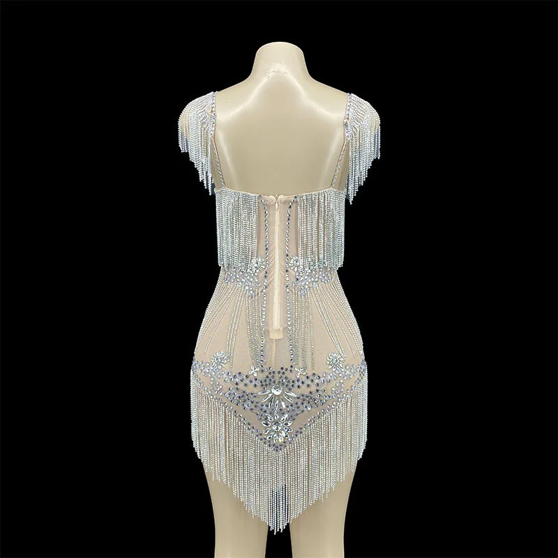 Customized New Tassels  Mesh lace Transparent High Elastic Short Sleeve Sequins Sexy Tight Party Dress  Stage Performance Dress