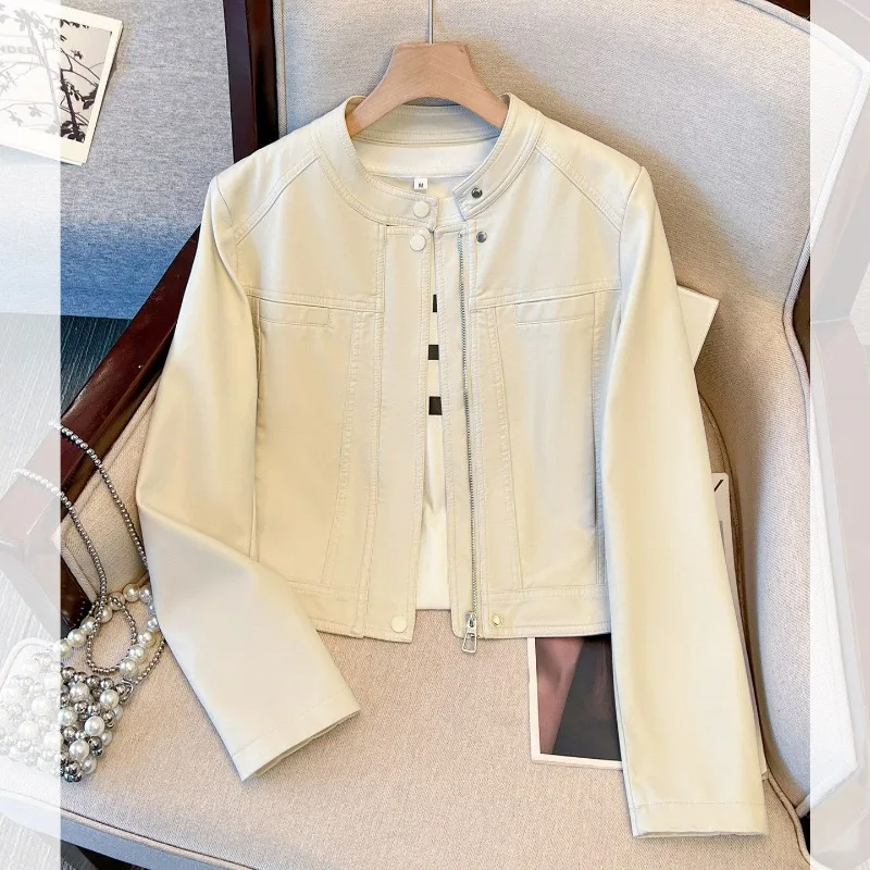year's popular new women's spring autumn stand-up collar off-the-shoulder motorcycle jacket made of protein leather pu leather