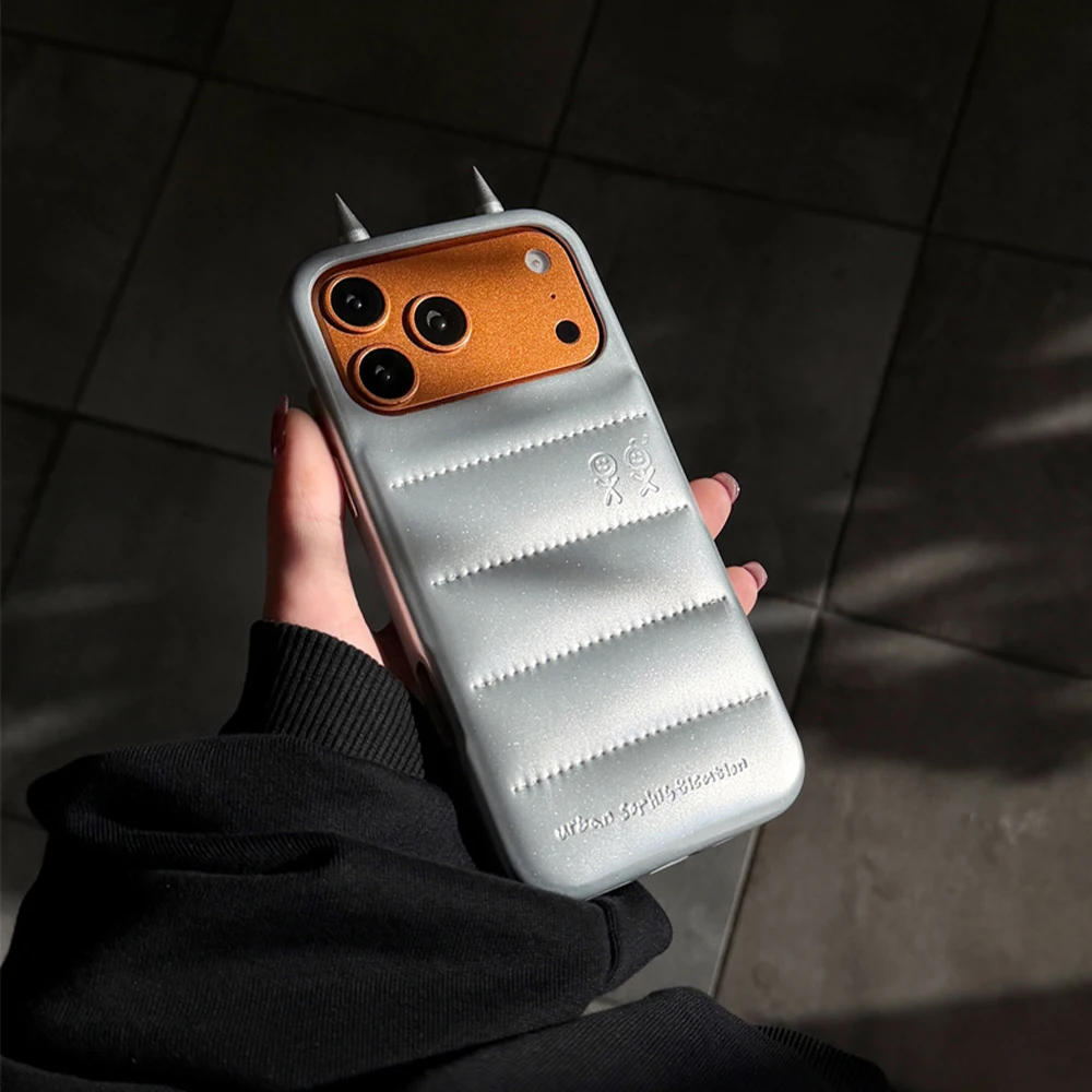 

Urban Sophistication Devil Horns Down Jacket Phone Case For iPhone 17 16 15 14 Pro Max 13 Solid Color PU Leather Protector Cover