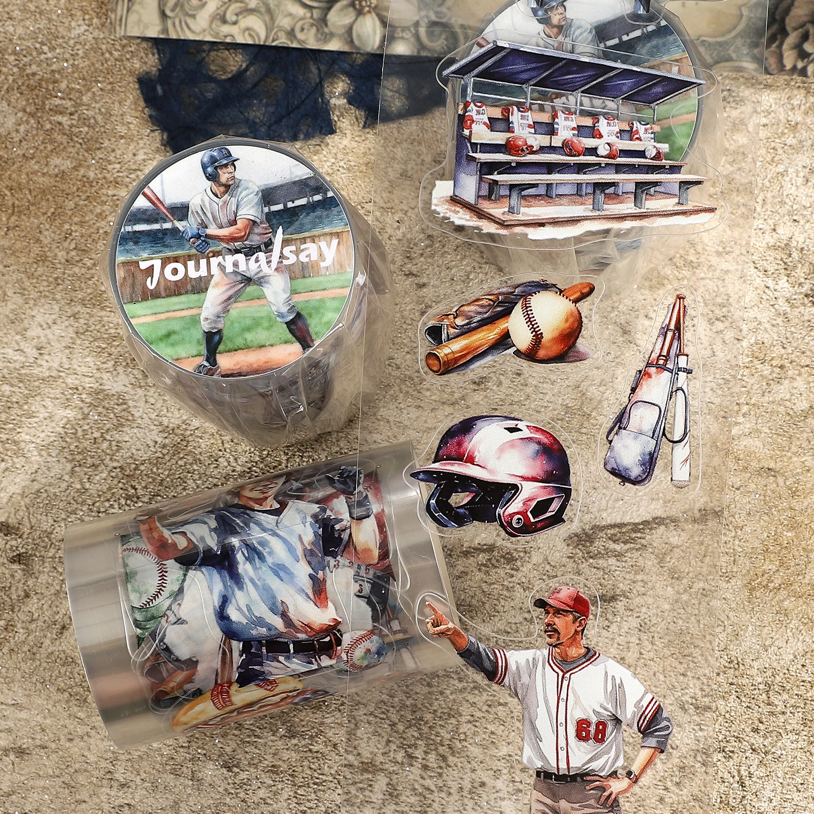 เทป PET ลายวินเทจ ขนาด 60 มม.*200 ซม. ลายเบสบอล ทิวทัศน์ สำหรับงาน DIY สร้างสรรค์ วัสดุตกแต่งสมุดบันทึก คอลลาจ สมุดภาพ เครื่องเขียน