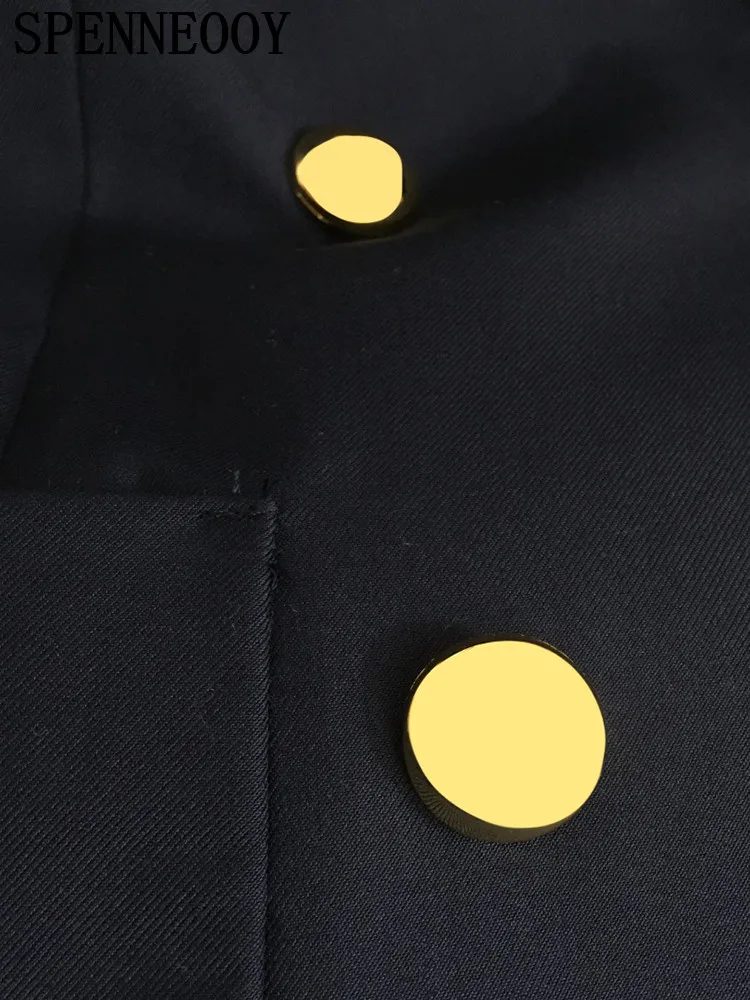 SPENNEOOY Fashion Runway Autumn Office Lady Dark Blue Suit Jacket Women\'s Ulster Collar Long Sleeve Pocket Double Breasted Coat