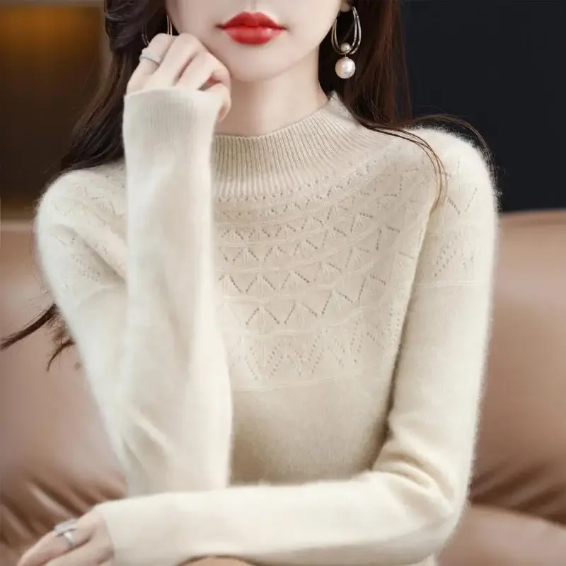 

2023 Winter Fashion Women's Sweater Woold Mock Neck Cashmere Knitted Long Sleeve Female Tops Keep Warm Elegant Clothing