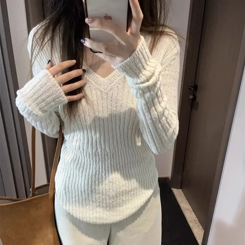 Pullovers Women V-neck Knitted Tender Skin-friendly Slimming Sweater Basic Inner Solid Causal All-match Tops Korean Style Autumn