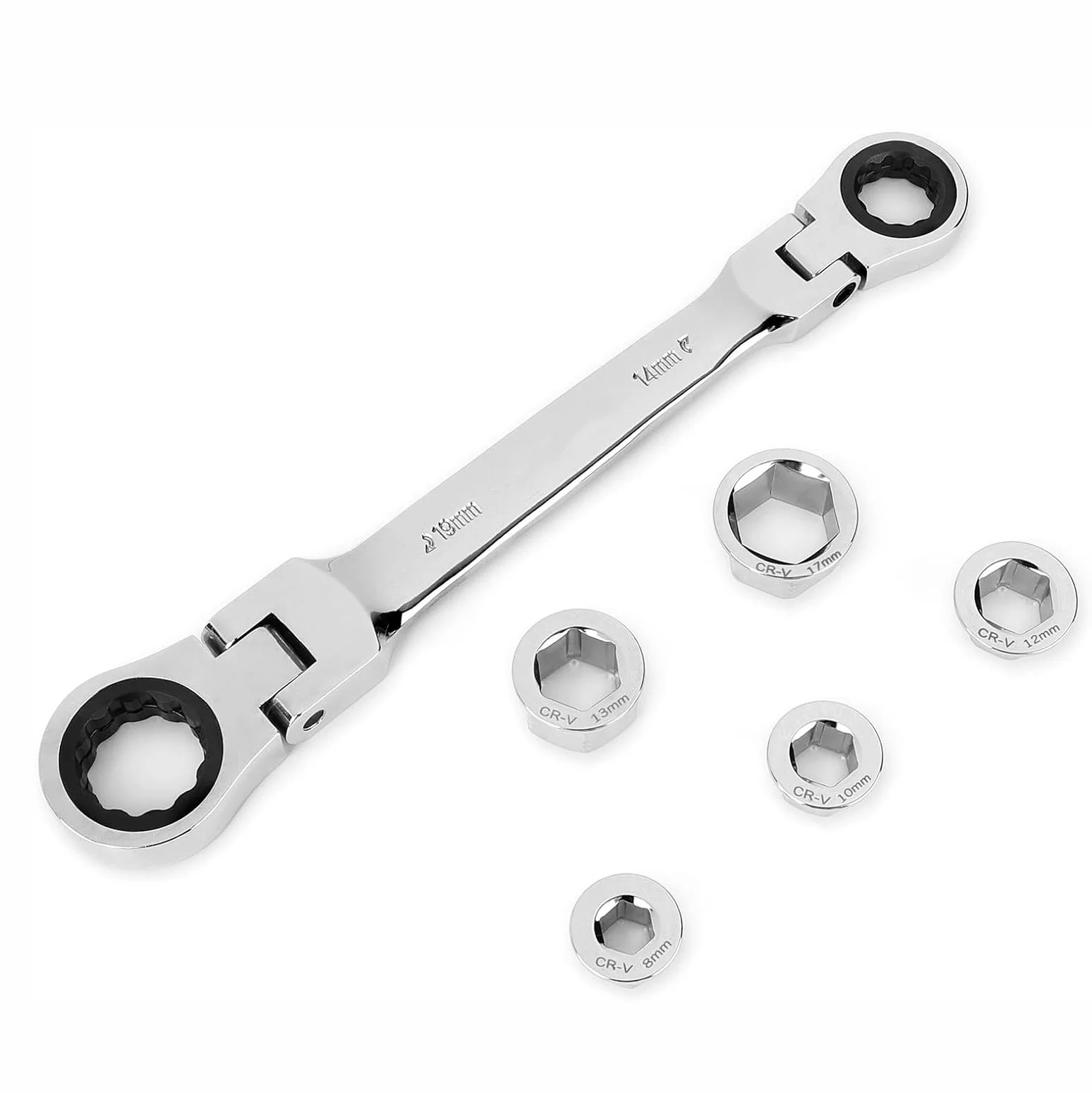 7-in-1 Go-Thru Ratcheting Wrench Set with Case, 72-Tooth Double Box End Metric Socket Set for Auto Motorcycle