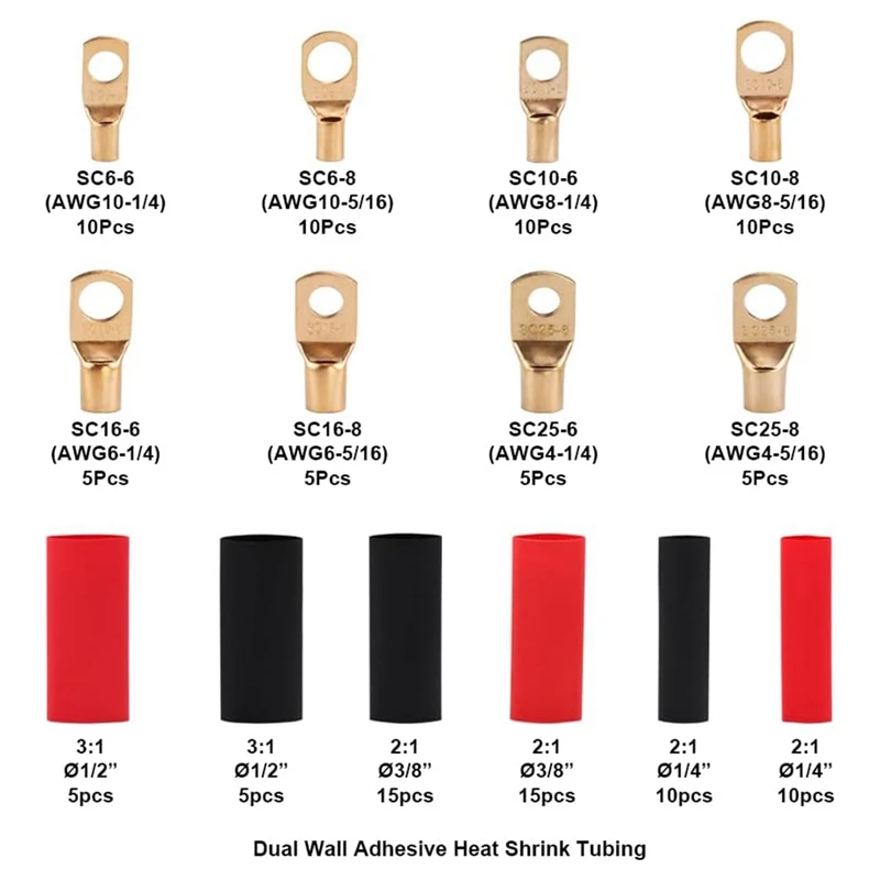 Battery Cable Lug Crimping Tool,Electrical Lug Crimper With 60Pcs Wire Lugs And Heat Shrink Tubing For Lugs Terminals