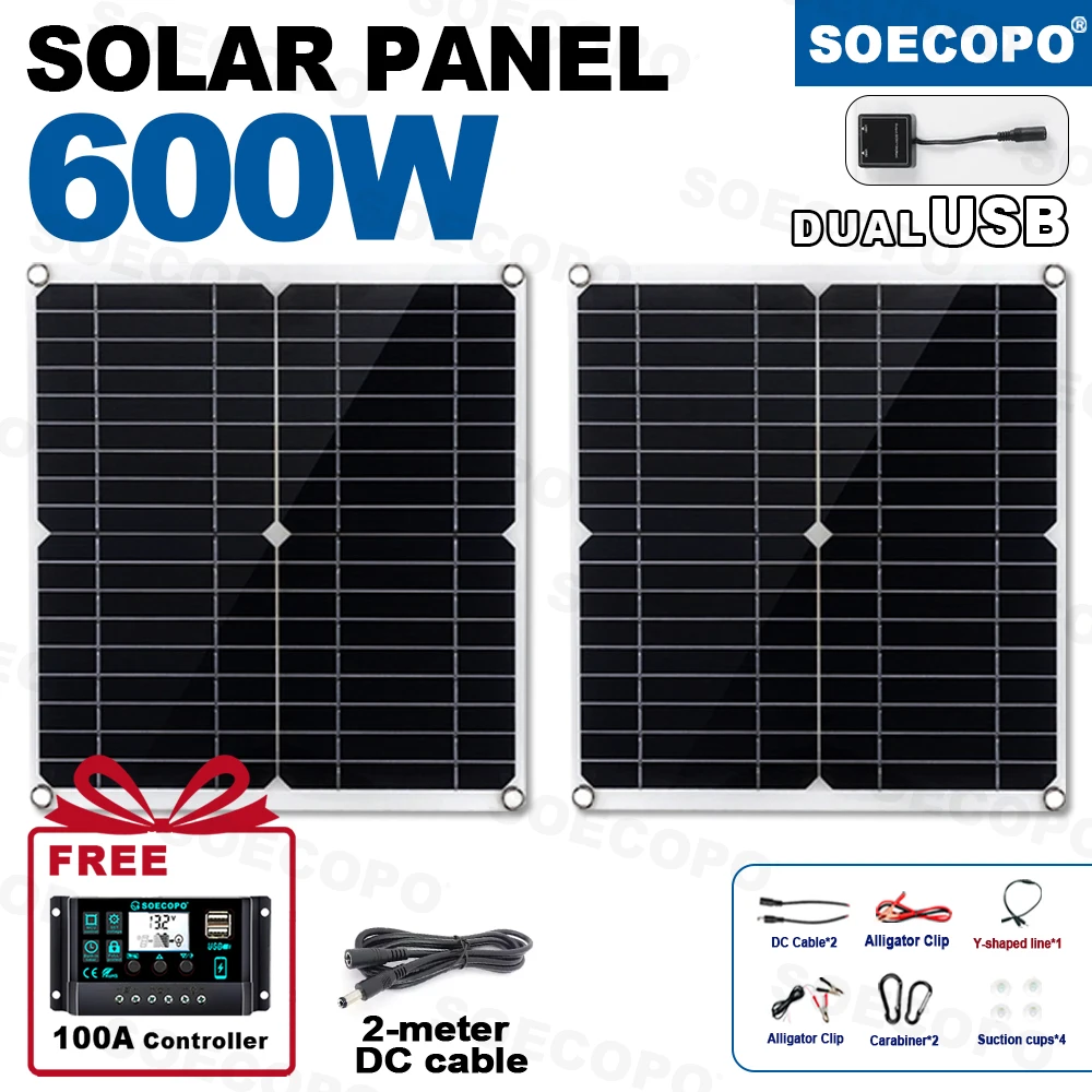 SOECOPO 600W مجموعة الألواح الشمسية المحمولة للتخييم 2 * 300W الألواح الكهروضوئية (12V - 18V الإخراج) تأتي مع وحدة تحكم 100A مجانية #1