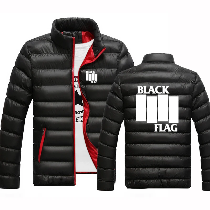 

2024 Autumn Winter Mens Black Flag Logo Print Casual Sports Stand Collar High-Quality Cotton Liner Popular Solid Color Down Coat