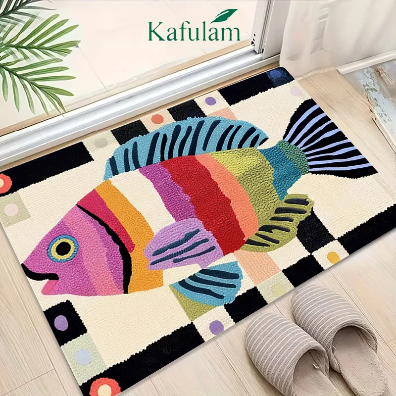 Fashion Abstract Nautical Multicolor Striped Fish Themed Rug Modern Rug For Indoor Porch Winter Season House Home Ornament