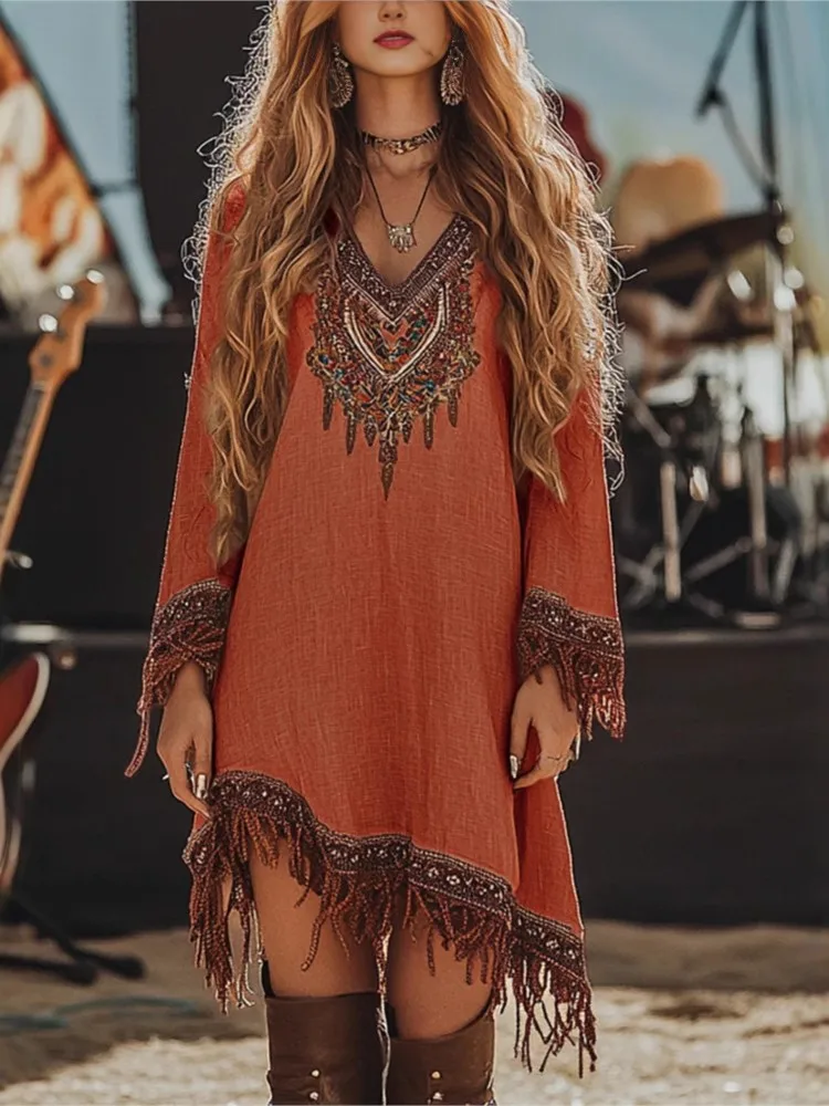 

Spring Tassel Patchwork Women's Dress Fashion V Neck Long Sleeve Bohemian Vestidos Lady Vintage Pattern Printed Loose Dresses