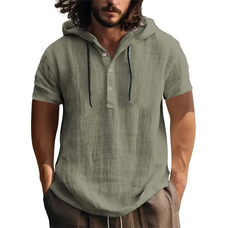 Casual Hood T Shirt Short Sleeve Cotton Linen Blouse Tee Tops Men Holiday Summer Beach Solid Plain Tunic Loose Hoodie Shirt