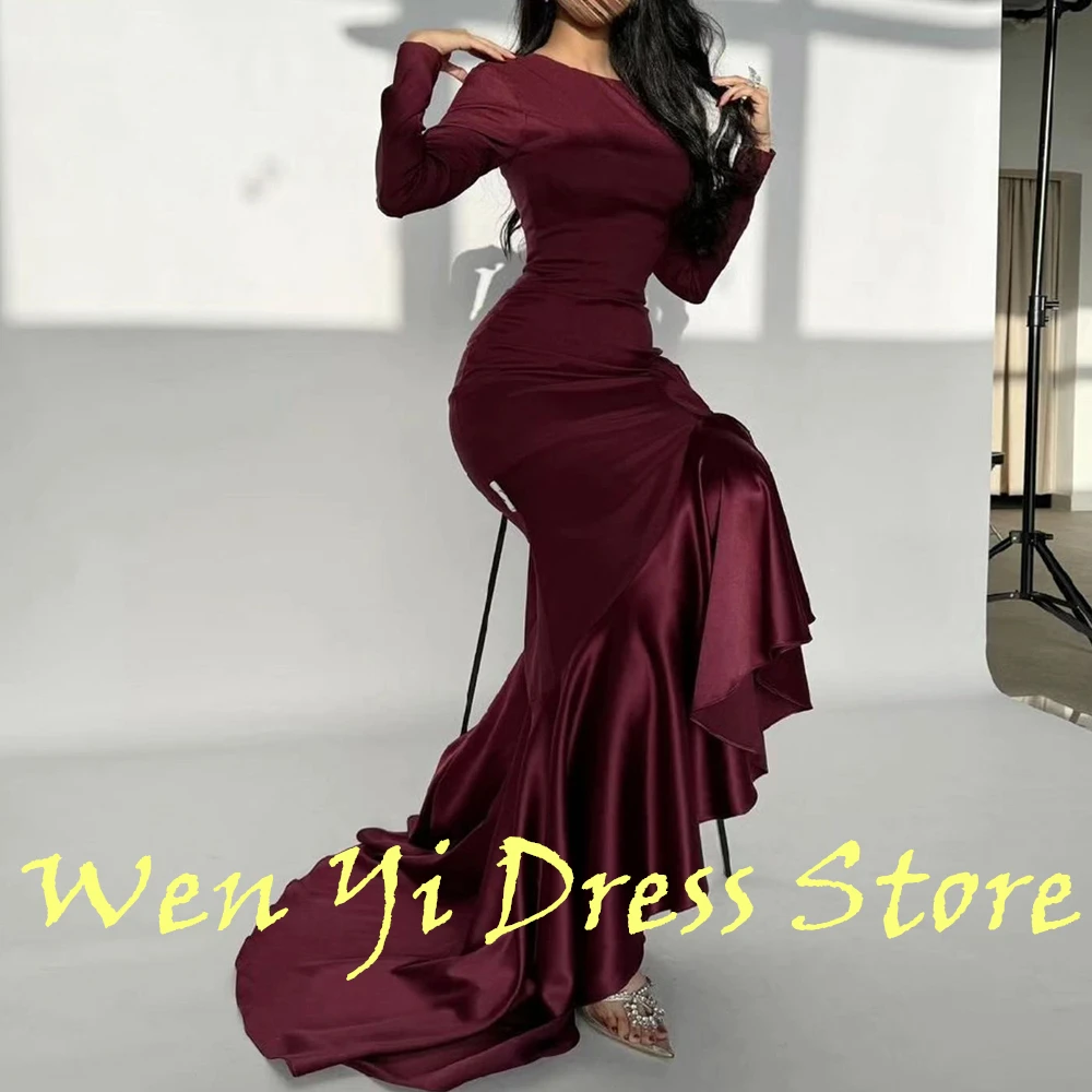 Elegant Burgundy Pleats Floor Length Crew neck Sweep Train Evening Dress Long Sleeves Straight Satin Special Occasion Gowns 2024