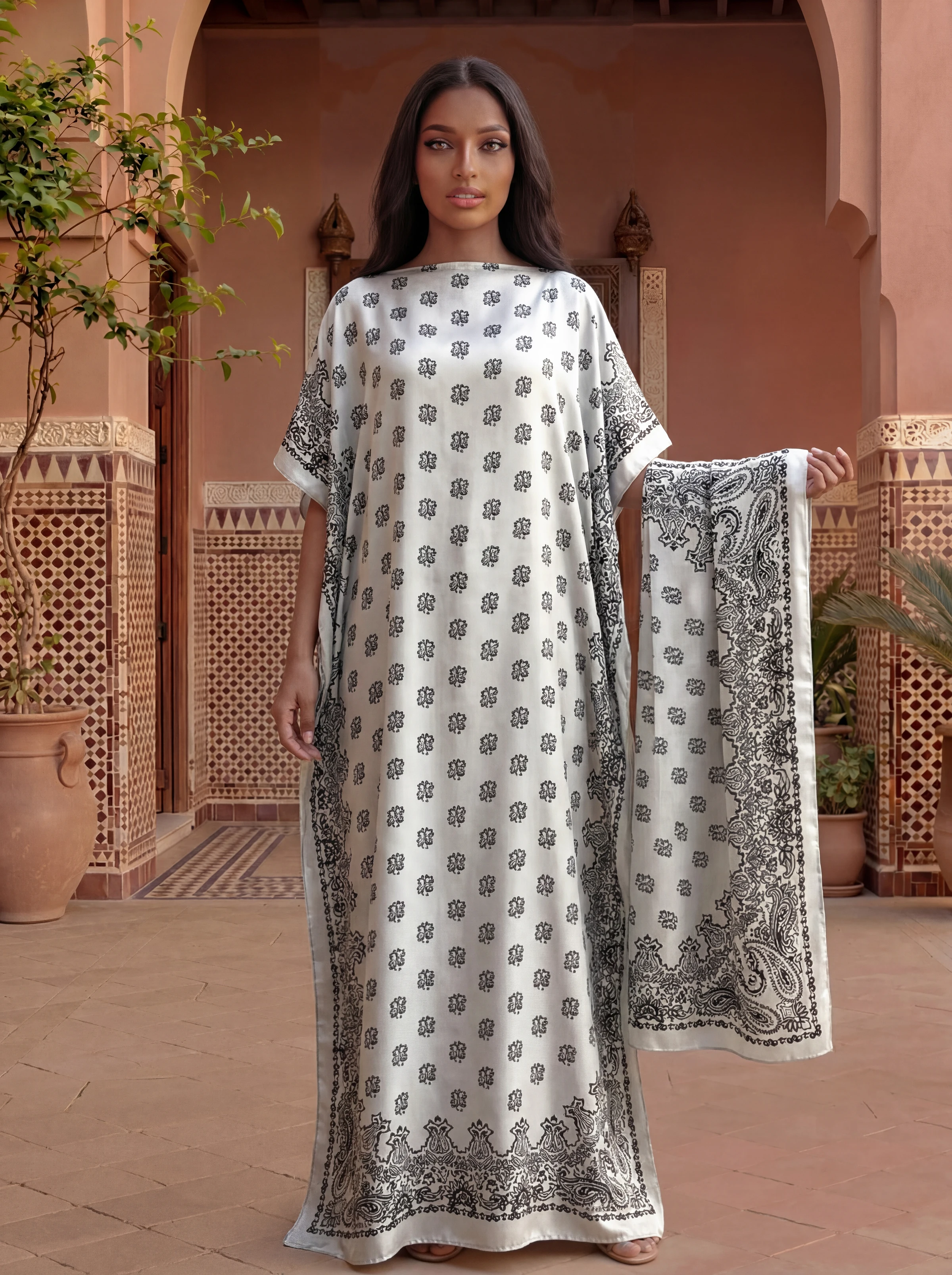 Mini Paisley Border Print Satin Abaya With Scarf, Loose Maxi Kaftan For Muslim Women Summer Beach Wear