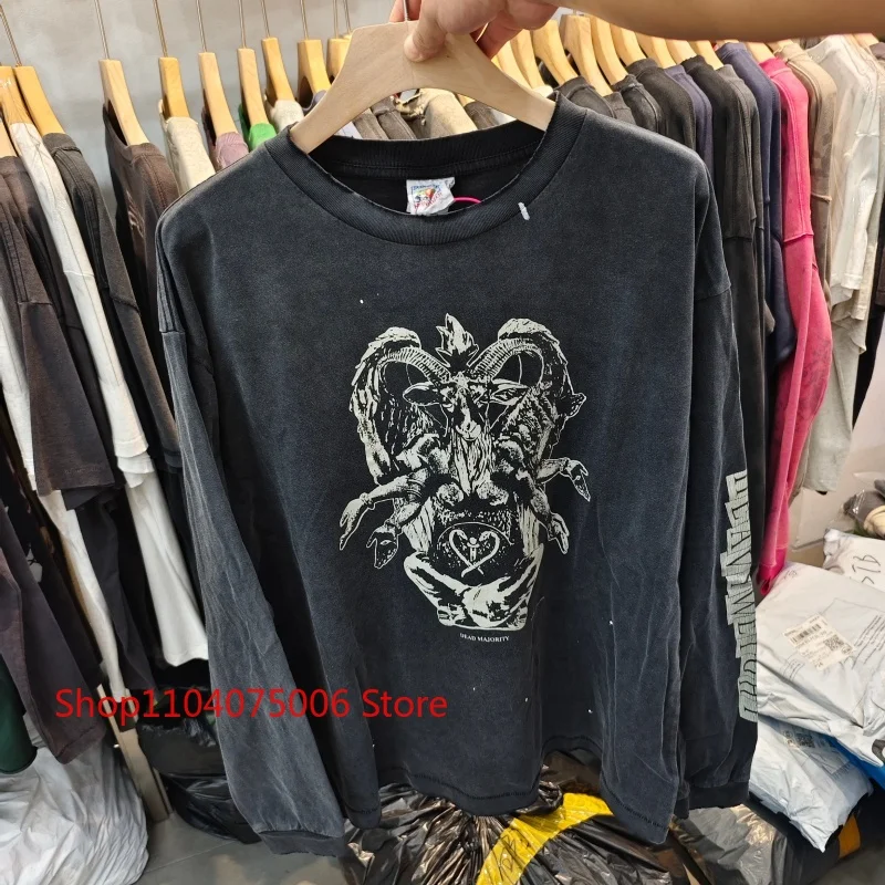 

Saint Vintage Distressed Long Sleeve T-Shirt Horns Wings Streetwear Fashion Retro Graphic Design Casual Top