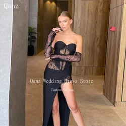 Qanz Lace Mermaid Prom Dresses Black Customized Illusion Removable Long Sleeves High Leg Slit Vestidos De Gala Cocktail Dresses