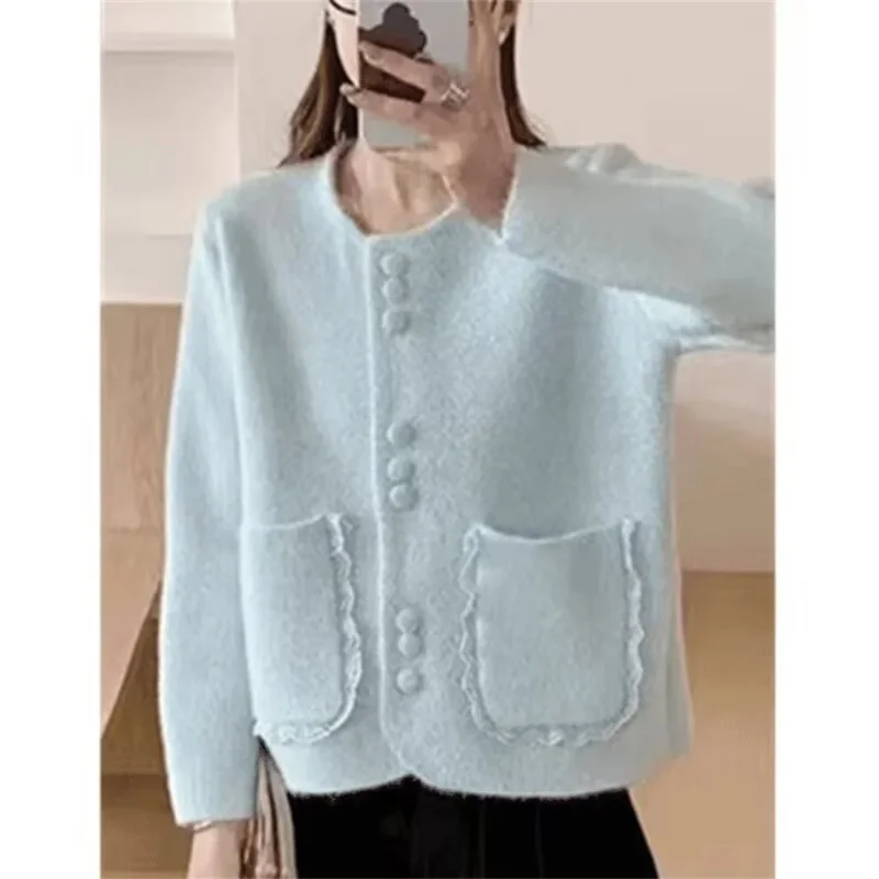 French Fashion Style Imitation Mink Fur Sweater Cardigan For Women's 2025 Spring Autumn New Soft And Korean Basic Top