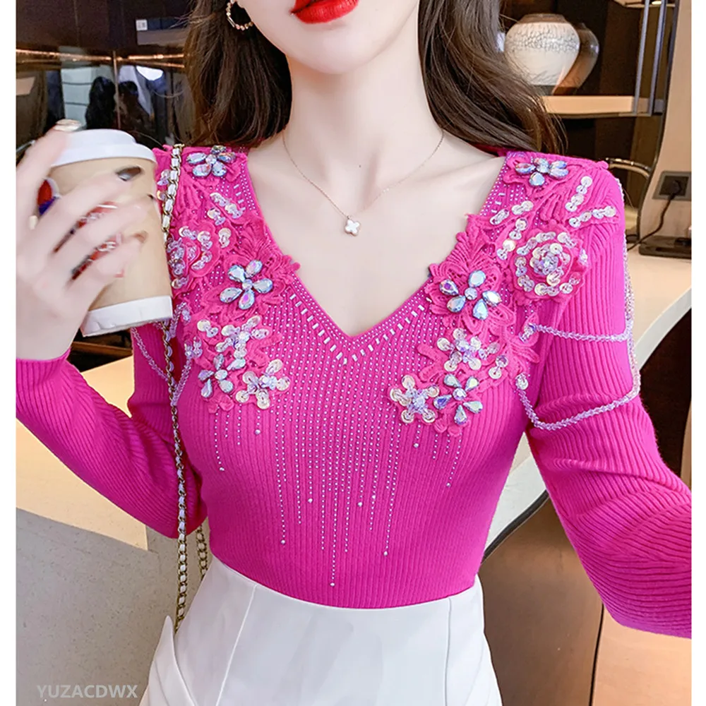 2024 New Beaded Knitted Pullover Jumper Tops Luxury Rhinestone Sweater Women  Basic Knitwear Autumn women's clothes Knitwear