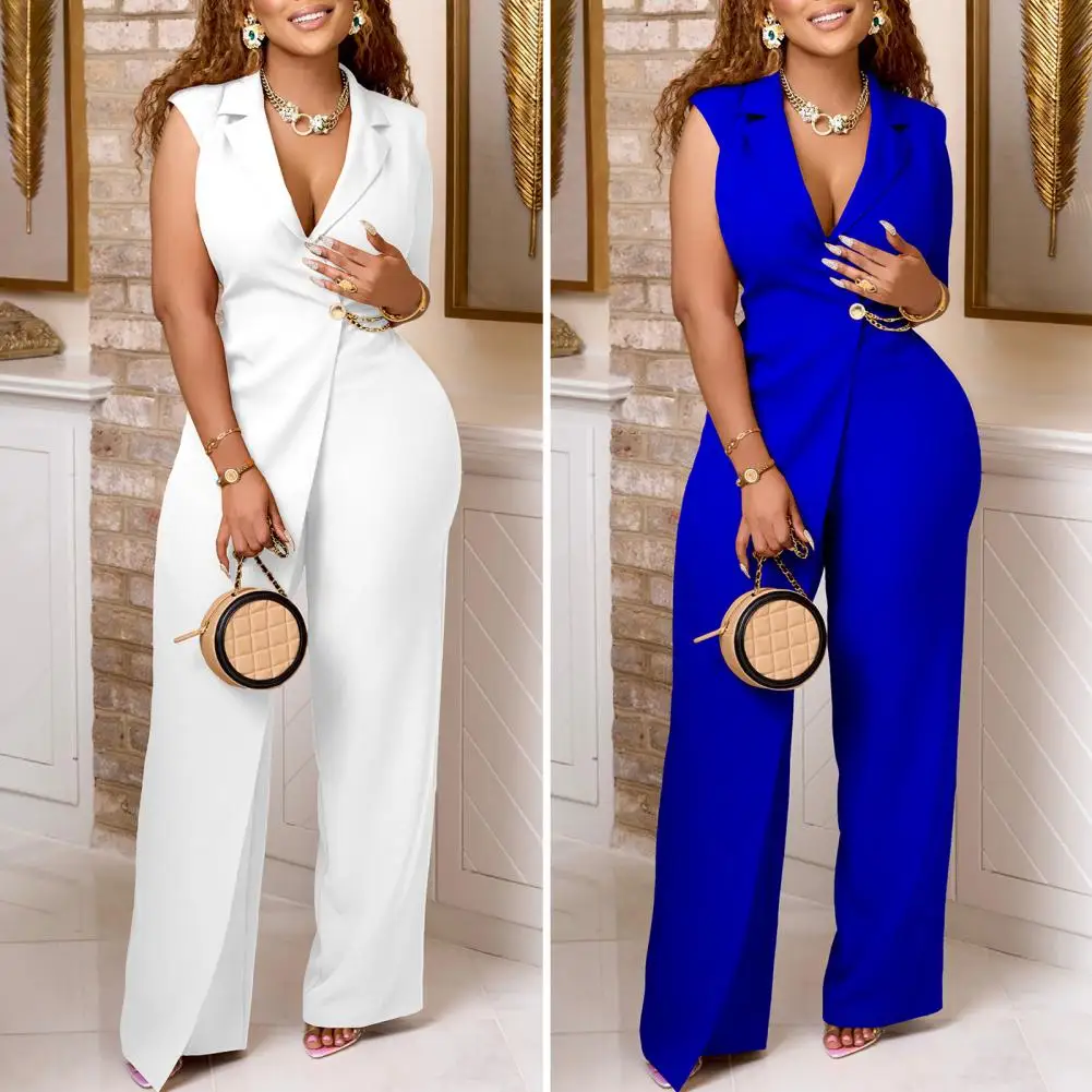 

Women Lapel Collar Jumpsuit Elegant V Neck Jumpsuit with Chain Detailing Slim Waist Wide Leg for Summer Business Style Commuting