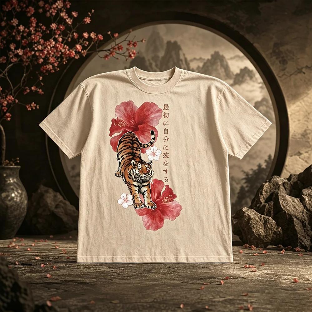 Unisex Y2K Retro Japanese Floral Tiger Print Breathable T-Shirt Loose Fit Comfortable Casual Parent-Child Daily Wear Top