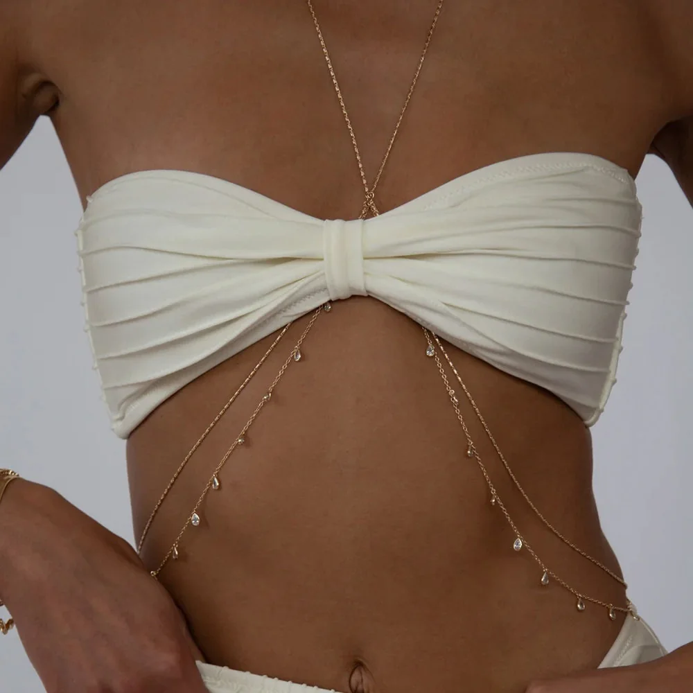Stonefans Simple Metal Thin Chain Rhinestone Bra Chain for Women 2024 Sexy Bikini Double Layer Chest Chain Body Jewelry Gift