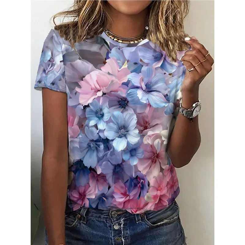 Plus size 3d impresso flor plantas t camisa para mulher borboleta gráfico manga curta rua o-pescoço camisetas topos camisetas soltas