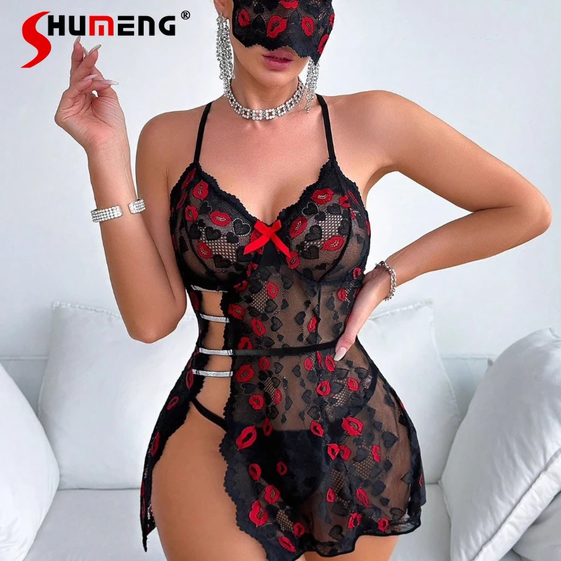 

Ночная рубашка Pure Desire, комплект из трех предметов с маской для глаз, женские сексуальные ночные рубашки с цветочным принтом, женское летнее нижнее белье на бретелях, гостиная