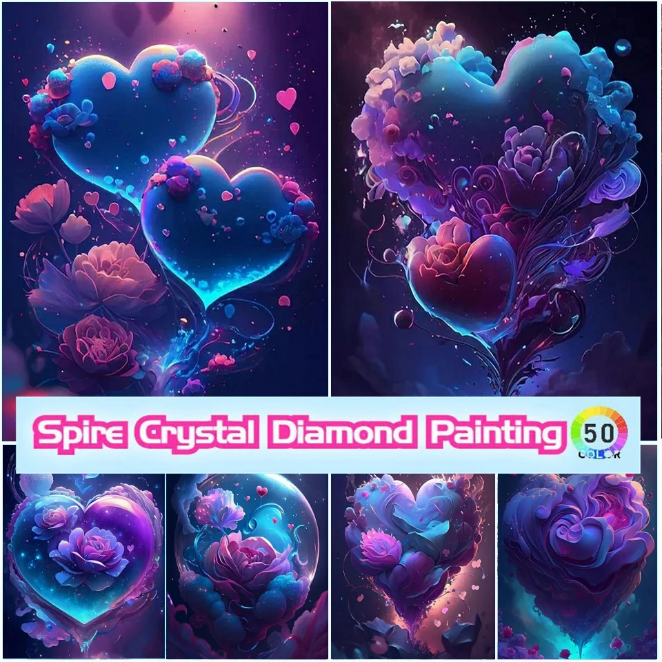 Purple Heart Flowers Diy Crystal Diamond Art Painting 2024 Kit Embroidery Valentine's Love Cross Stitch Mosaic Home Decor Gift