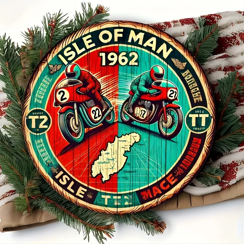 Vintage 1962 Isle of for Man Motorcycle Race Plaque - 8x8 Inch Aluminum Wall Decor, Retro Farmhouse Style for Home, Bedroom,