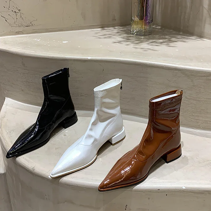 2023 New Spring Women Boots Pointed Toe Ankle Boots Ladies Fashion Zip Shoes Female Low Heel Pumps Patent Leather Short Boots