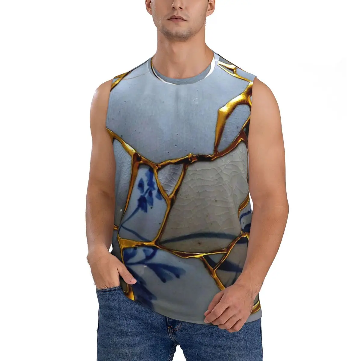 Kintsugi Men Sleeveless Tank Tops Quick Dry Breathable Gym Fitness Running Summer Casual Sport Vest