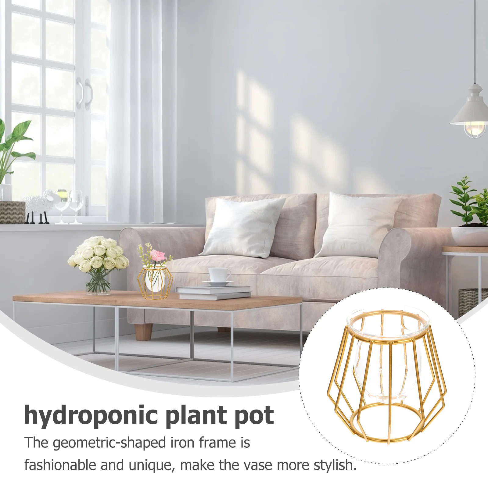 

1Pcs Hydroponic Vase Fashionable Glass Desktop Flower Planter Practical Green Dill Vase Geometric Iron Frame Hydroponic Planter