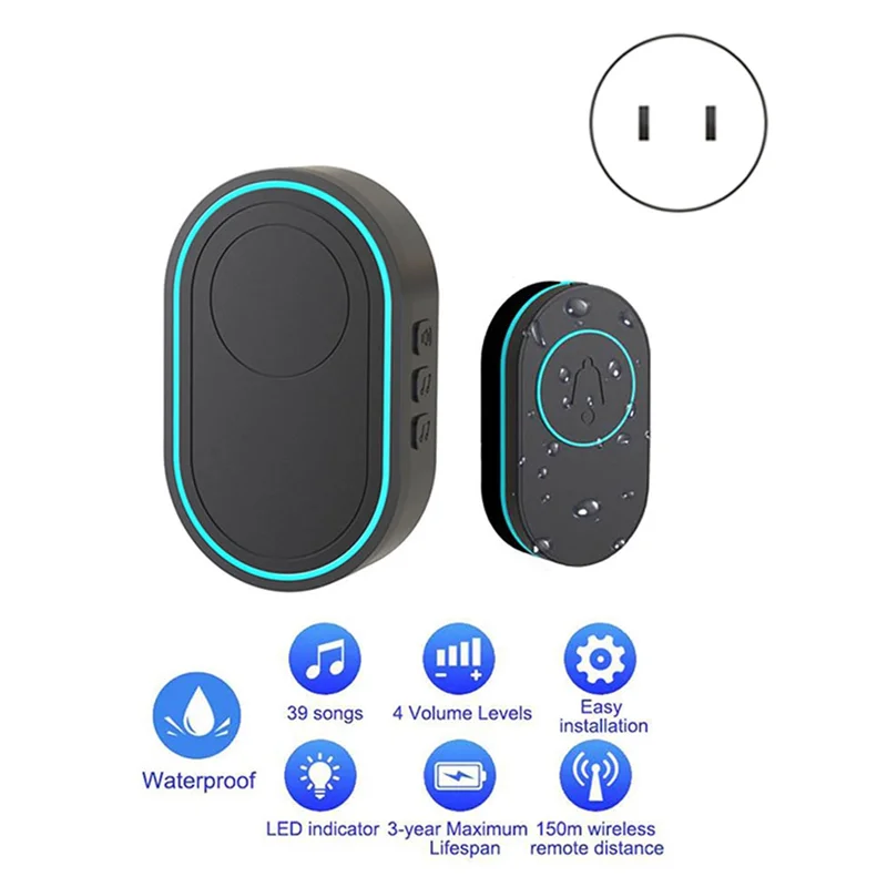 【Buy It-Now!】Wireless Doorbell 433Mhz Waterproof Button Adjustable Volume 36 Melodies Ringtones Indicator Light Remind