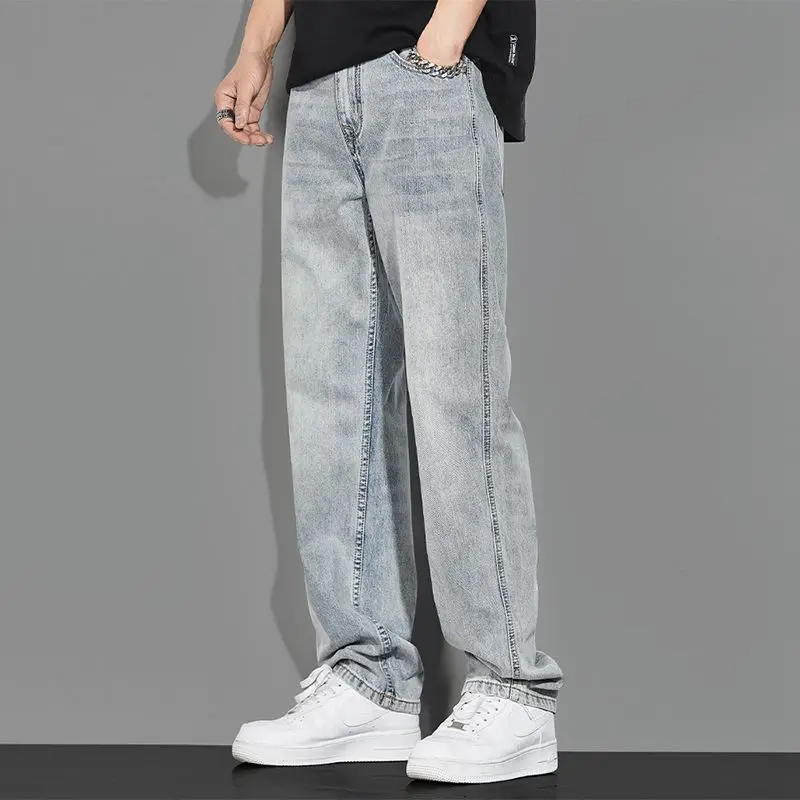 

American Vintage Jeans Men's Washed Distress Pants Trendy High Street Loose Straight Leg Pants baggy jeans denim men jeans