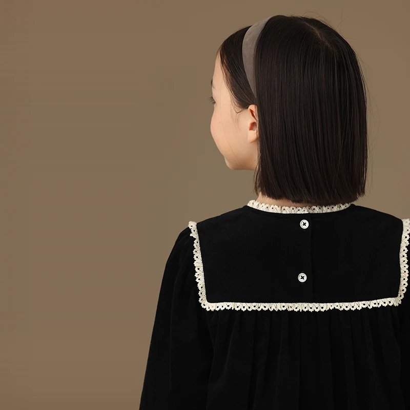 Female Child Clothes Fashion Girls Dresses Birthday 2024 Winter New Retro Black Velvet Princess Sailor Collar Baby Long-sleeved