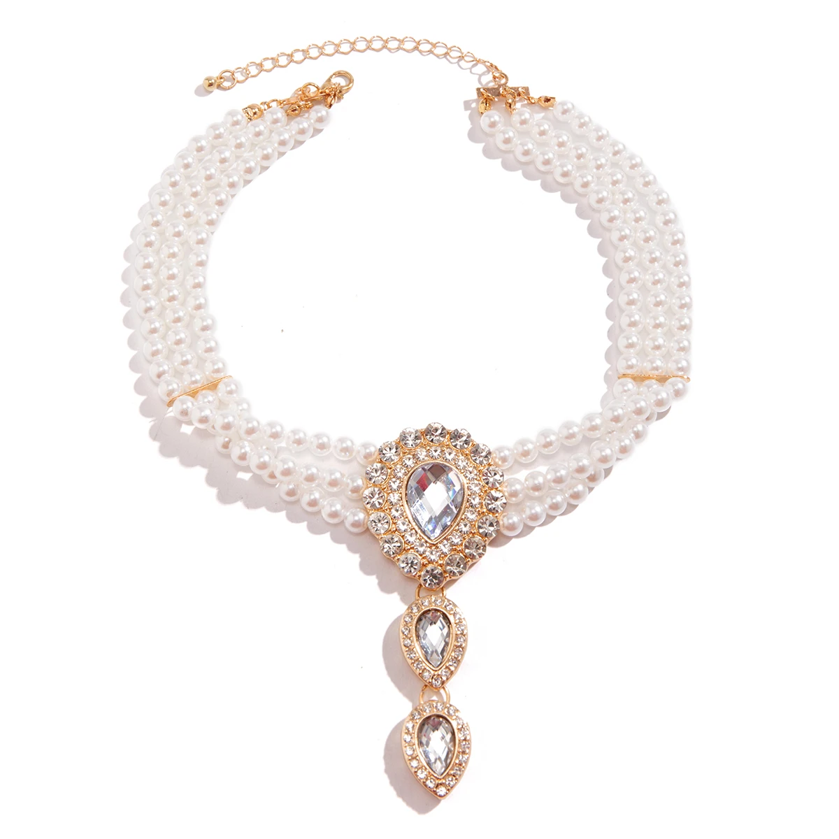 Multilayer Elegant Imitation Pearl Chain Necklace Bracelet for Women Creative Water Drop Rhinestone Jewelry Set Wed Accessories