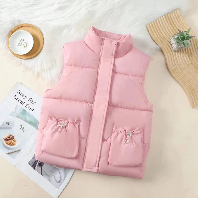 

Autumn Winter Girls' Down Cotton Vest Casual Fashionable Children's Stand Collar Thick Warm Vest Solid Color Versatile Baby Vest