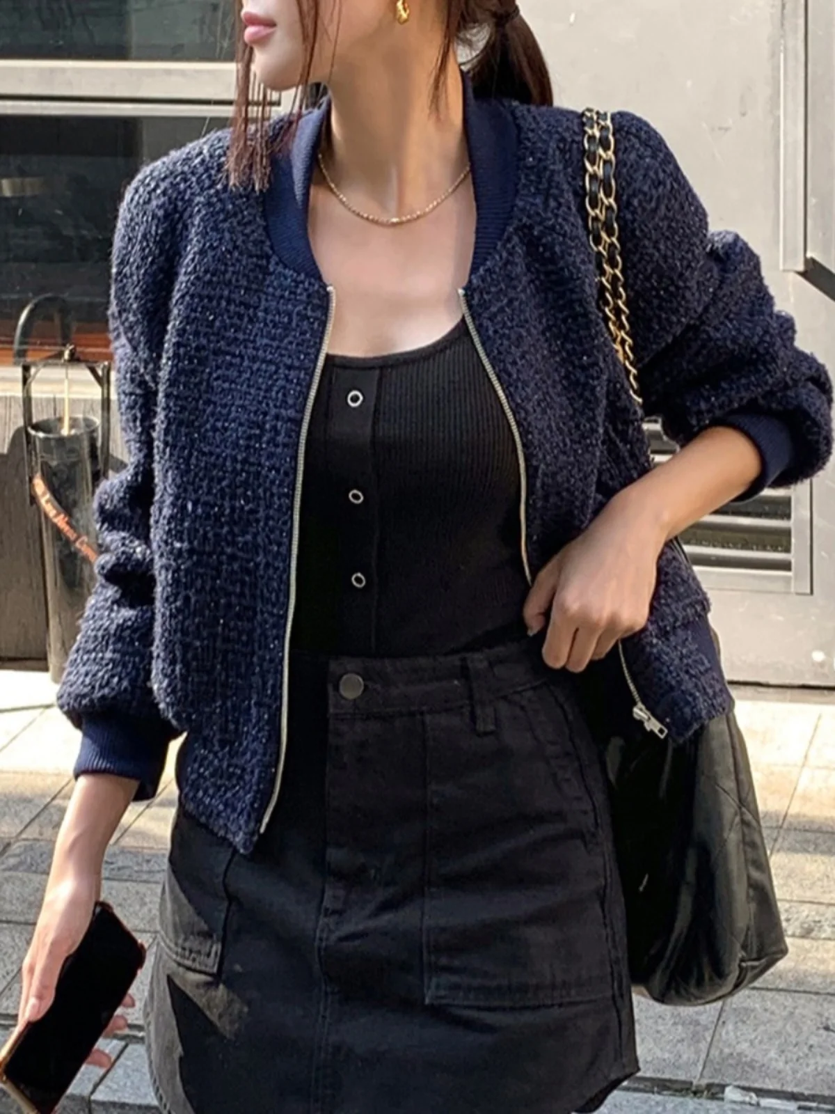 

Женская корейская верхняя одежда Small Fraance Sle ort Jaet, осень-зима 2024, твидовая верхняя одежда, милый топ для миниатюрных размеров