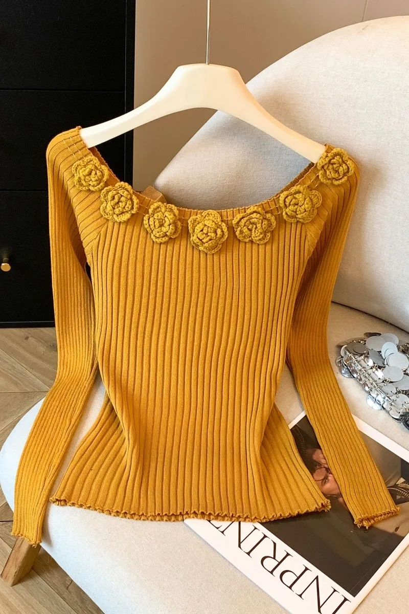 한국 패션 여성 풀오버 스웨터 2025 가을 겨울 섹시한 꽃무늬 니트 셔츠 슬림 긴팔 캐주얼 여성 상의