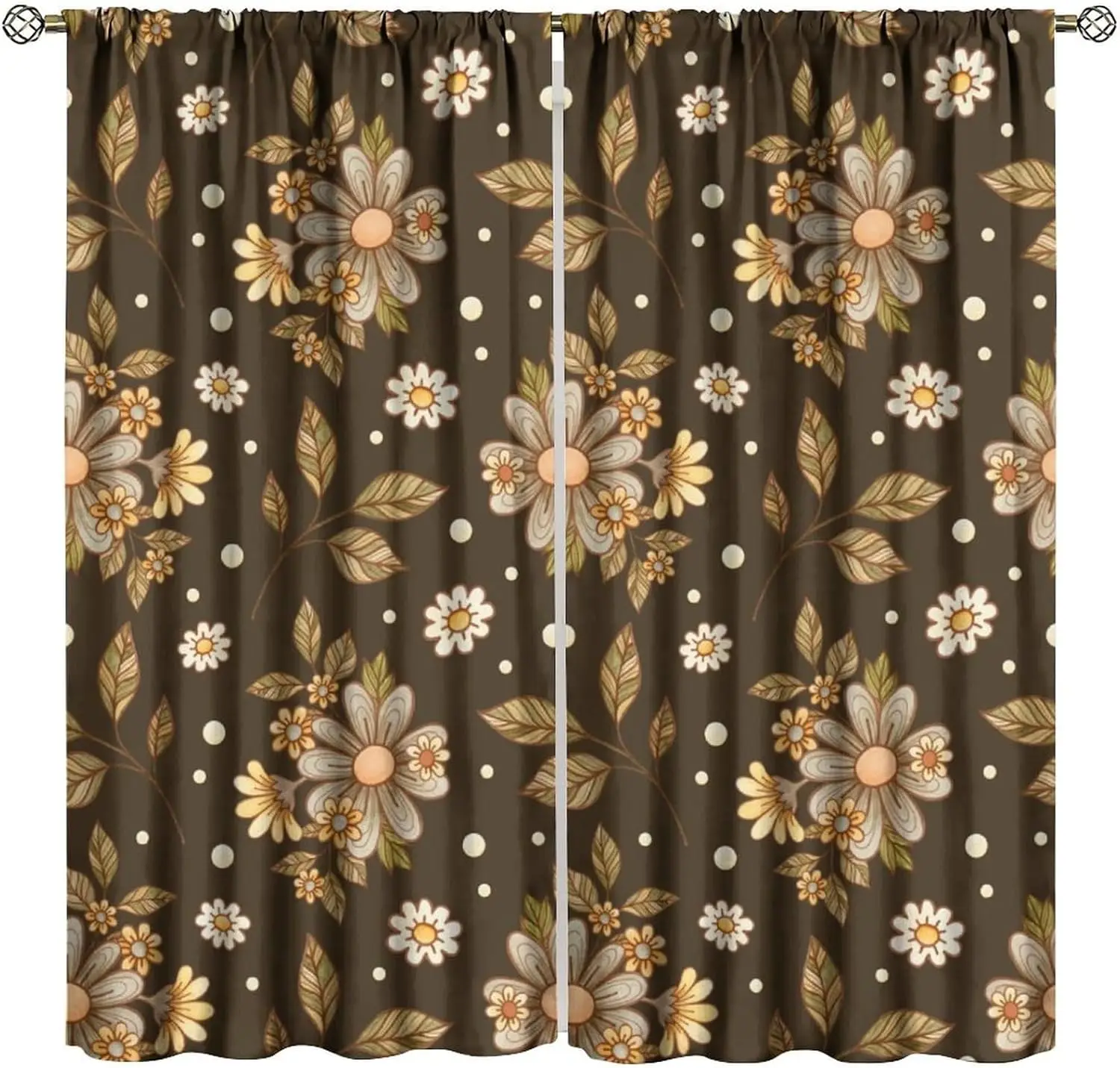 Vintage Daisy Dot Curtain 2 Panels, Cream White Daisy Leaf Small Polka Dot Coffee Brown Base Print, Drapes Bedroom Farm Curtain