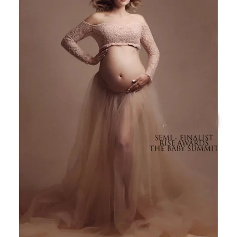 출산 드레스 세트 긴 소매 레이스 자르기 탑 + Tulle 스커트 출산 맥시 가운 사진 촬영을위한 드레스 임신 사진