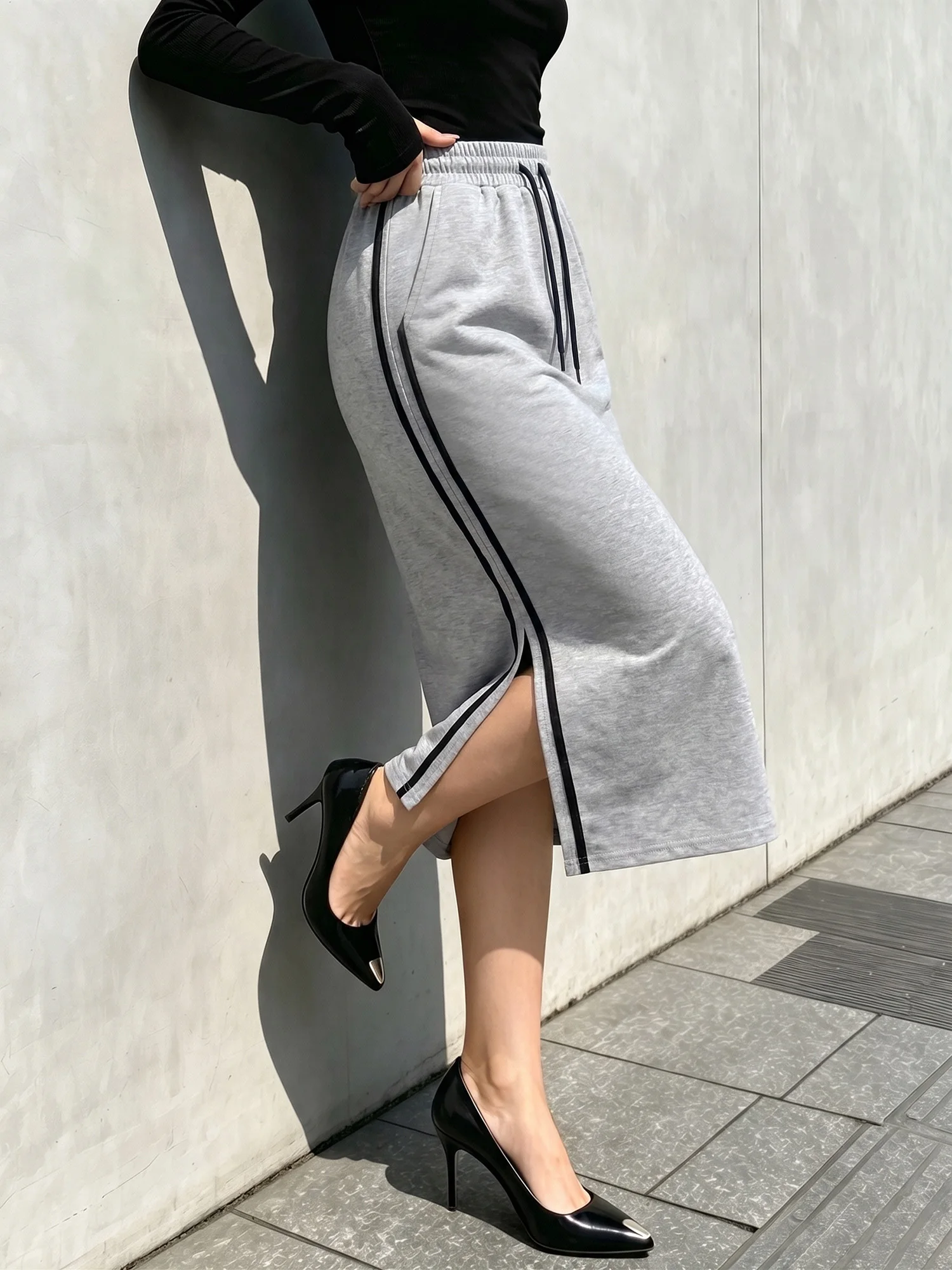 Multi-purpose Athleisure Long Skirt, Side Split Hem, Casual Office & Family Gathering Outfit