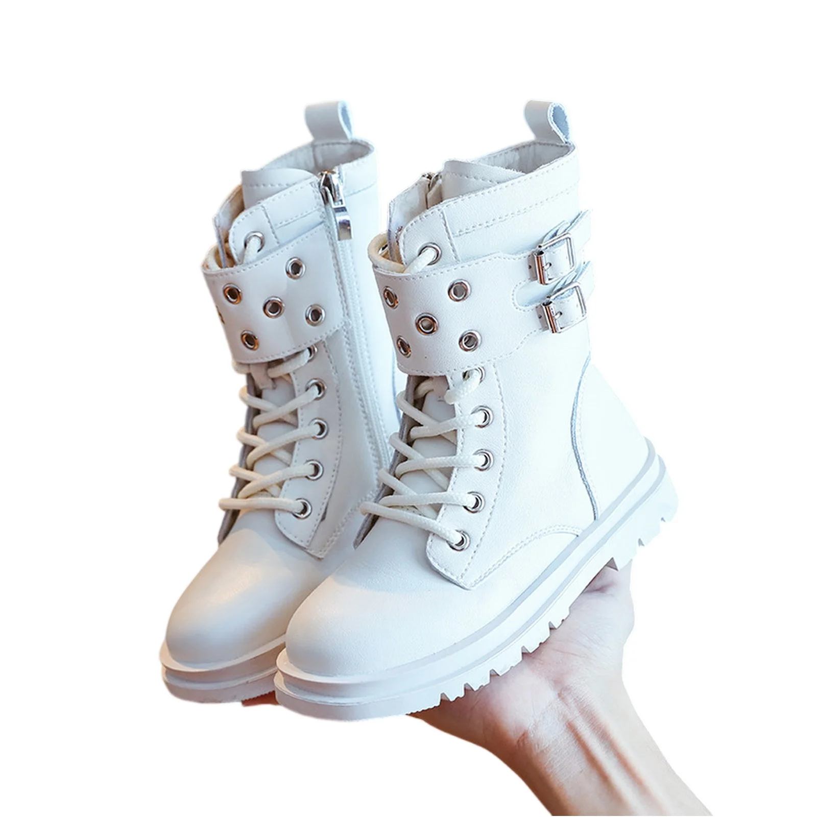 Kids' Ankle Combat Boots White Leather Stud-Buckle Lace-Up Anti-Slip Toddler Daily Fashion 2026 Trendy Cool Footwear Traje