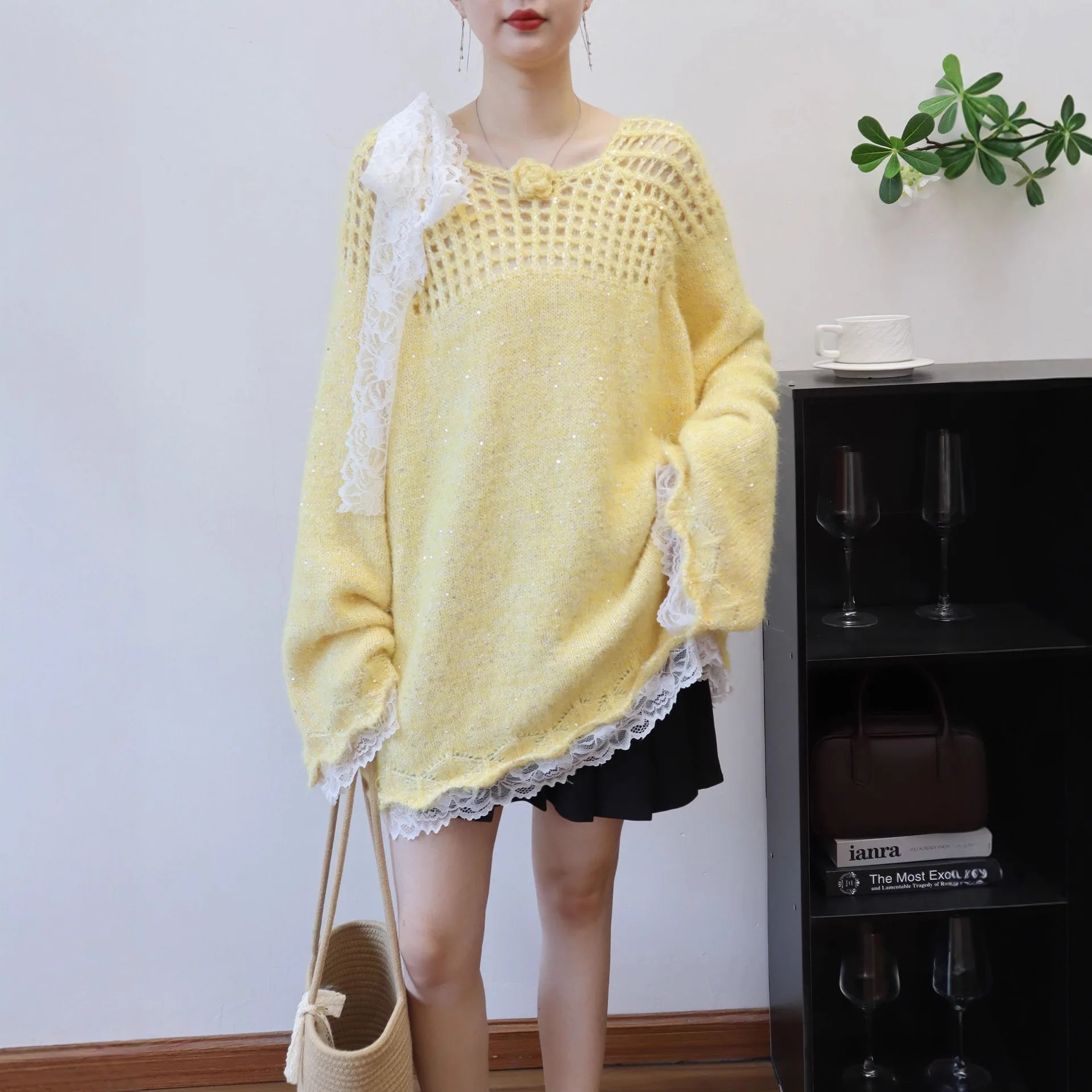 Women Cut Out Pullover Sweater Laces Spliced Jumper Sequin 3D Floral Lace Up O Neck Long Sleeve Loose Elegant Casual 2025 Autumn