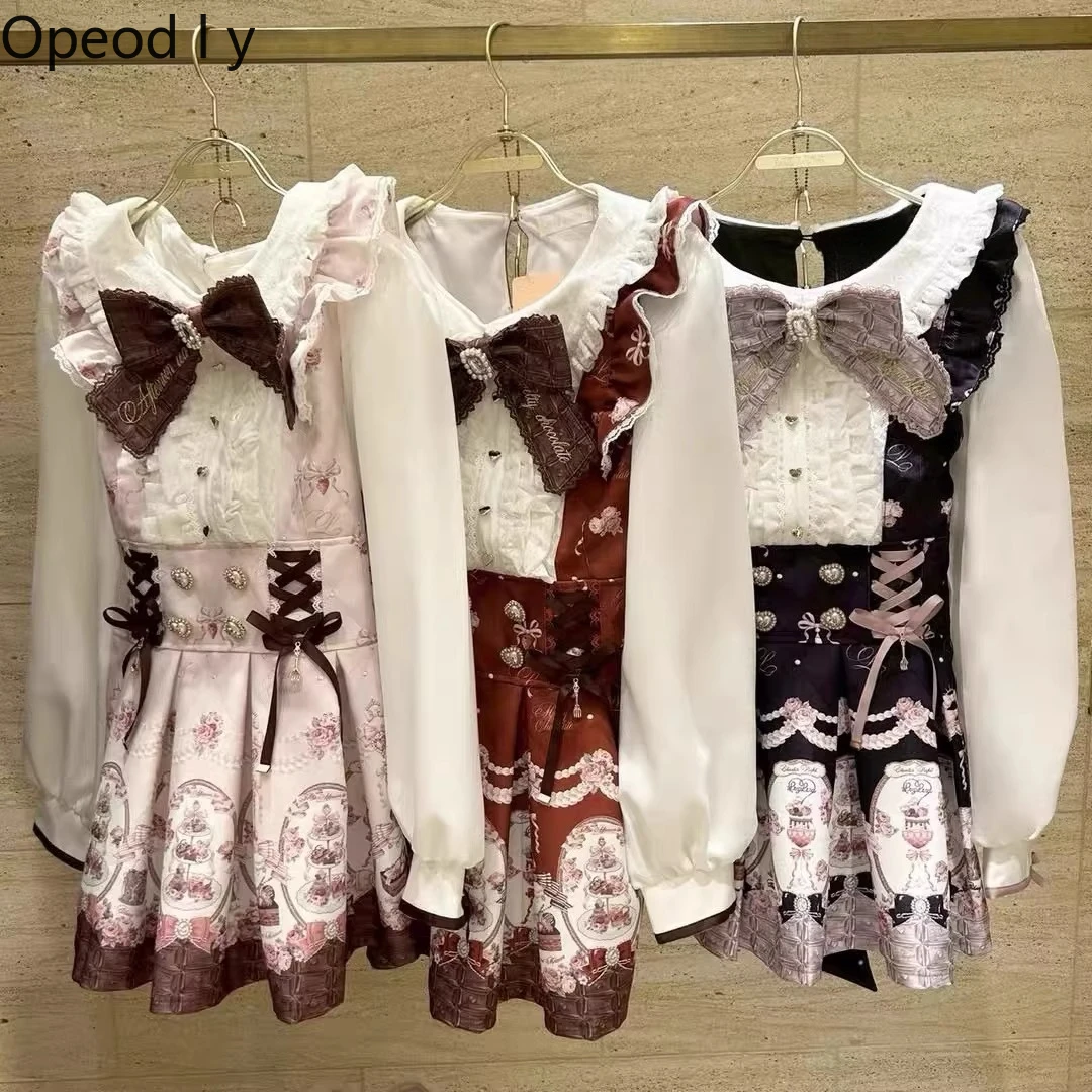 

Liz New Japanese Style Melted Chocolate Dress Set Sweet Girl Cartoon Print Long-sleeve Slim Top and Mini Skirt Princess Outfits