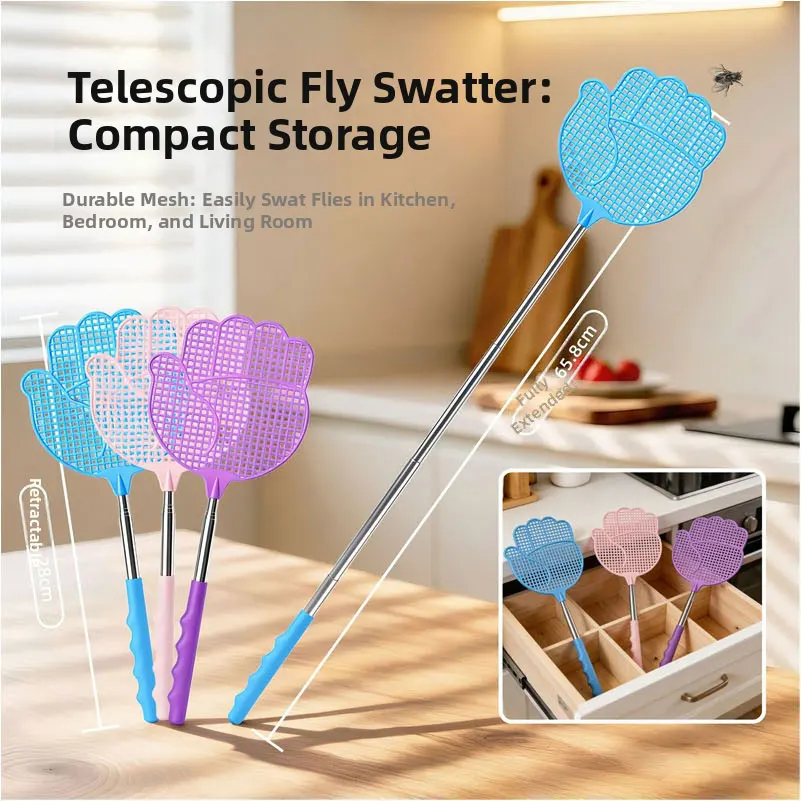 Retractable Fly Swatter with Ergonomic Grip, Space Saving, Super Tough Mesh, Manual Bug Swatter for House, Office, Garden