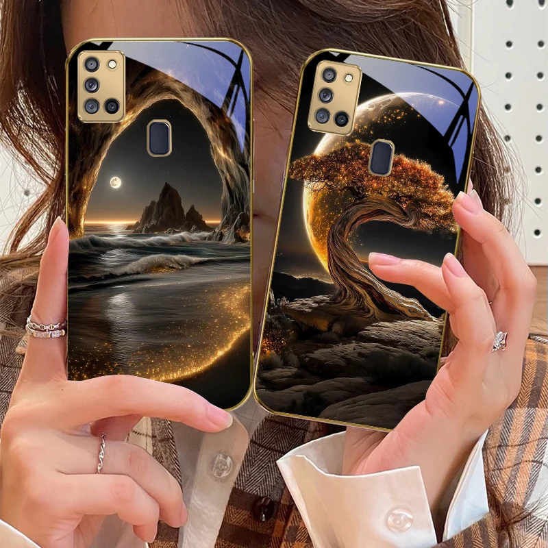 برية الأوردة لسامسونج A 31 32 A33 A34 35 14 A15 13 16 25 26 50 52 53 54 55 56 70 71 72 73 حافظة هاتف زجاجية ذهبية