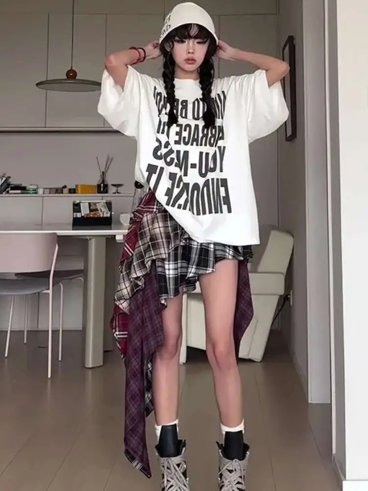 Spódnica damska Y2K, nieregularna krata, patchwork, letni styl Spice Girl, spódnica w kształcie litery A, modna plisowana streetwear Harajuku HCO2