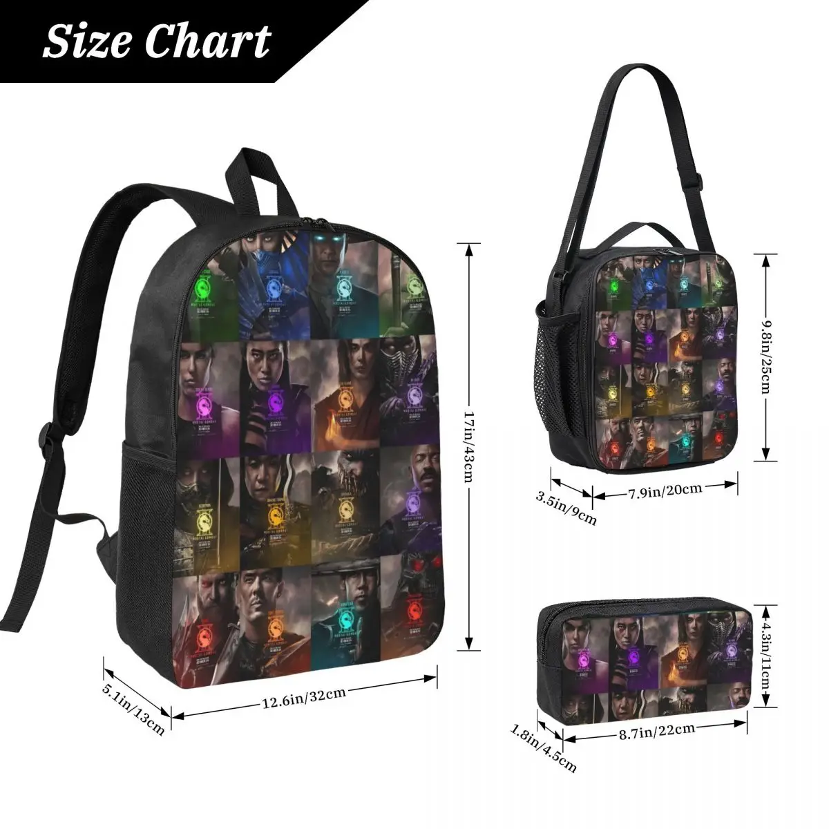 3Pcs Mortal Kombat II Moive 2026 Backpack Set for Kids Pen Bags Bookbag Sets with Lunch Box For School Students Daypack